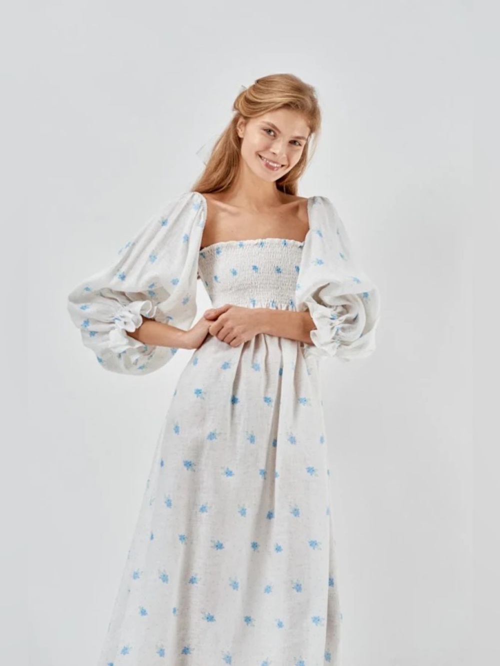 Sleeper Atlanta Linen Dress in White Blue Floral Print, Size XL